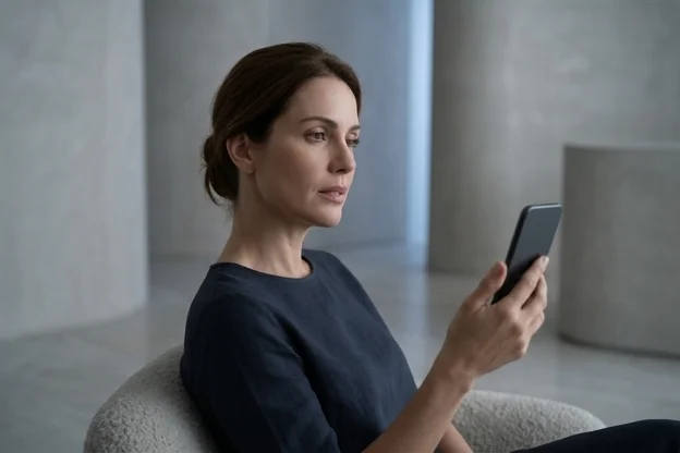 Mulher com celular em mão, olhar distante antes de fechar o app, expressão de afastamento silencioso