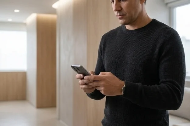 Homem em movimento enviando mensagem nova no celular no meio de uma conversa ainda em andamento