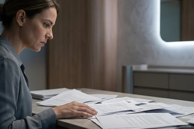 Gestora de clínica em perfil concentrado sobre documentos financeiros em ambiente administrativo premium