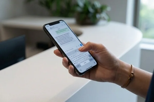 Mão segurando smartphone digitando mensagem personalizada para paciente com retorno vencido
