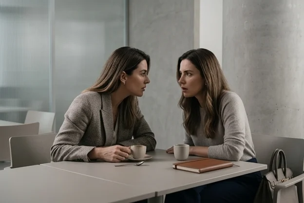 Duas mulheres conversam em café de alto padrão, uma compartilhando informação com a outra