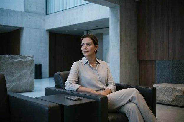 Mulher em momento espontâneo num lounge premium, presença calma após troca natural sem atrito