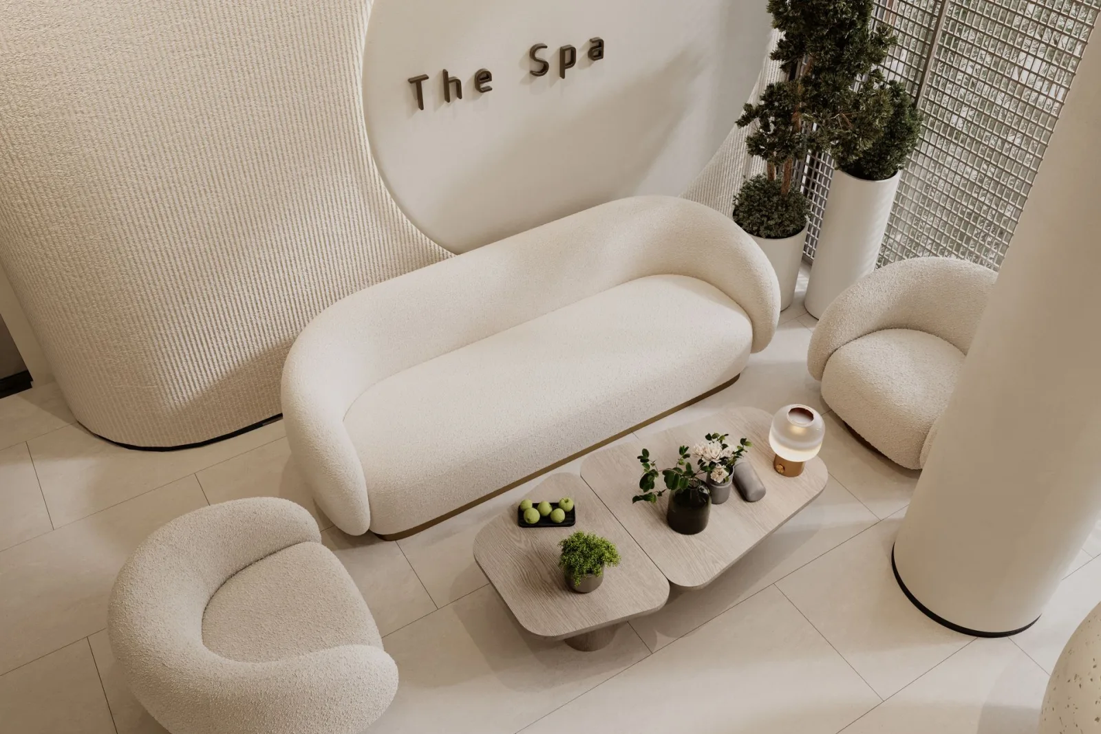 Área de espera elegante e minimalista de clínica particular, com mobiliário curvo e tons neutros, transmitindo conforto e exclusividade.
